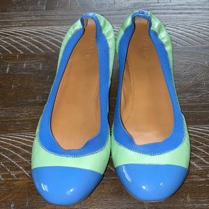 Women’s J. Crew Mila Cap Toe Blue Patent Green Leather Ballet Flats Size 9